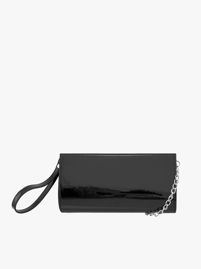 Schwarz lackierte Ketten-Clutch-Tasche