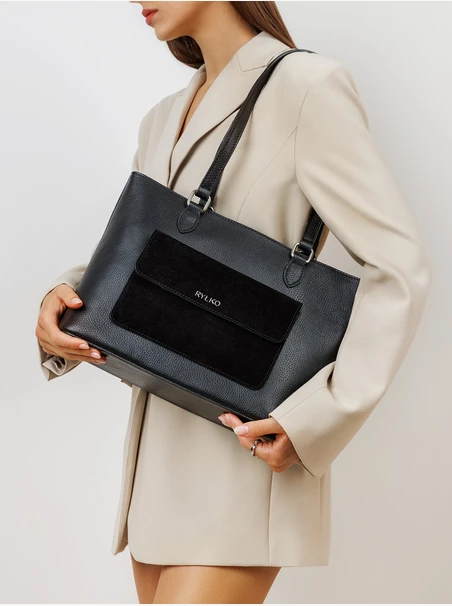 Schwarze A4-Shopper-Tasche aus Leder