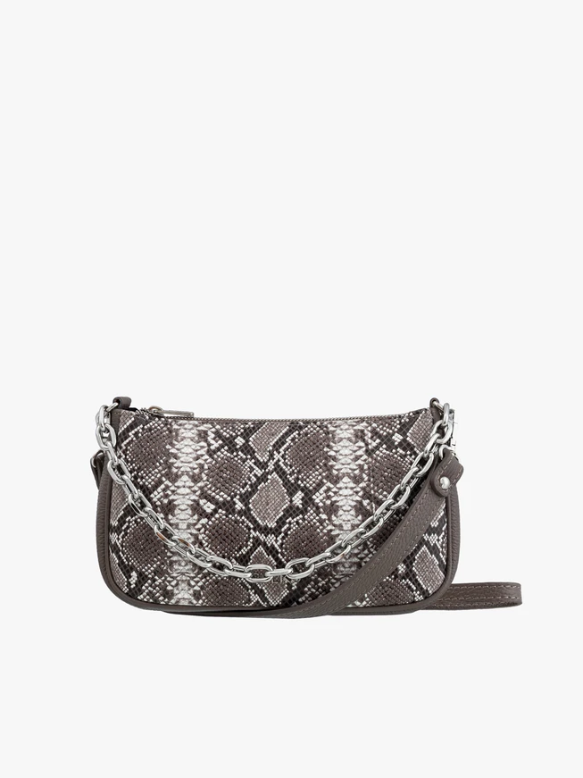 Graue Handtasche mit Schlangenhautmuster und Henkel