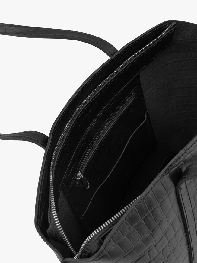 Schwarze Shopper-Tasche aus gemustertem Krokodilleder