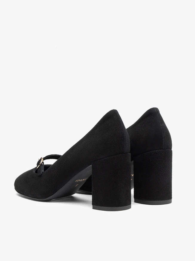Schwarze Pumps mit Absatz und Riemen aus Veloursleder