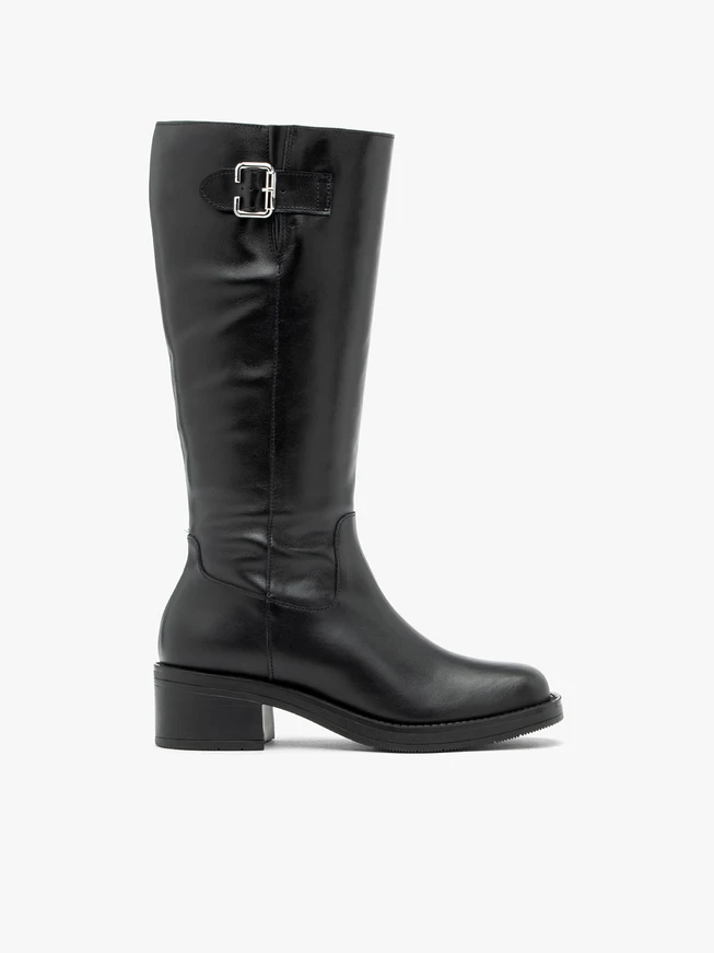 Black Leather Boots with Silver Buckle