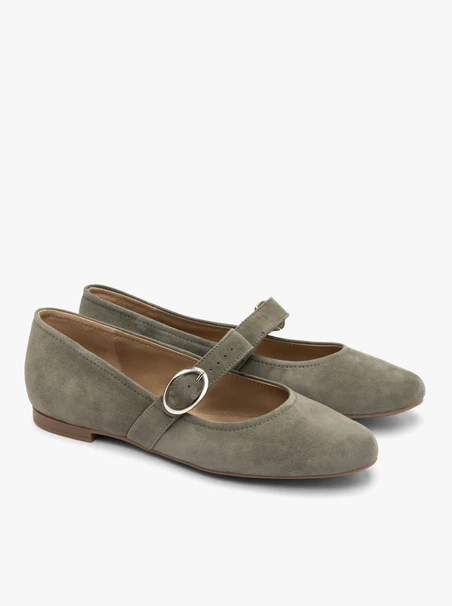 Olivefarbene Ballerinas mit silberner Schnalle