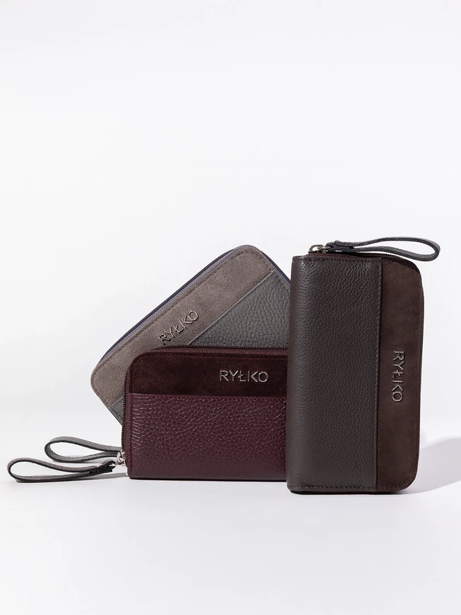Portemonnaie aus grauem Leder und Velours