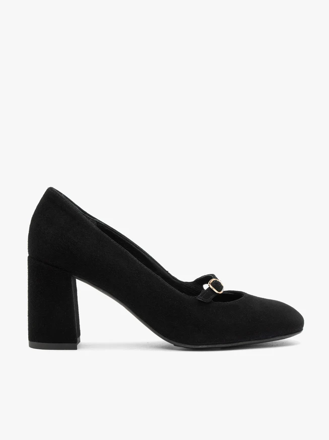 Schwarze Pumps mit Absatz und Riemen aus Veloursleder