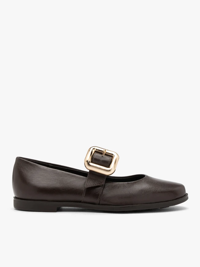 Braune Mary Jane Ballerinas mit Schnallenverzierung