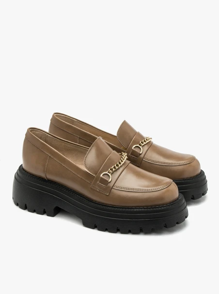Brown loafers with gold chain