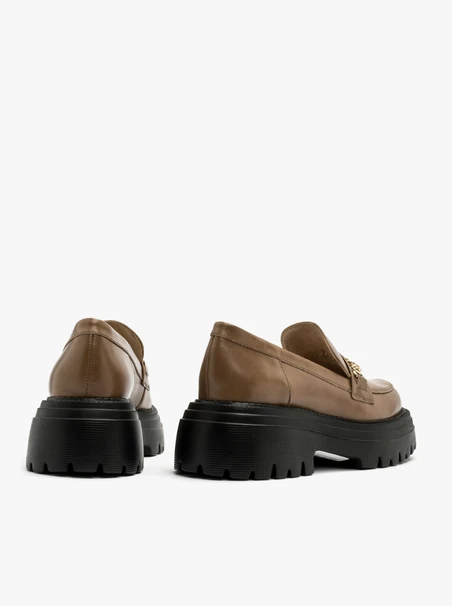 Brown loafers with gold chain