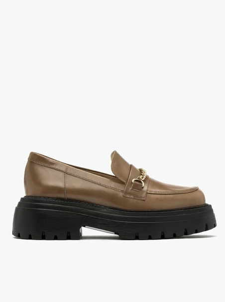 Brown loafers with gold chain