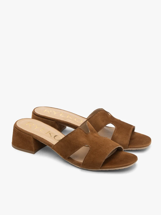 Light brown women’s slides with small heel