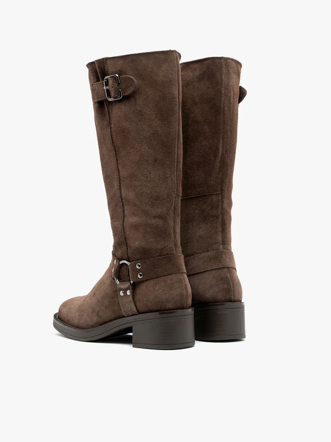 Brązowe kozaki biker boots ze skóry welurowej