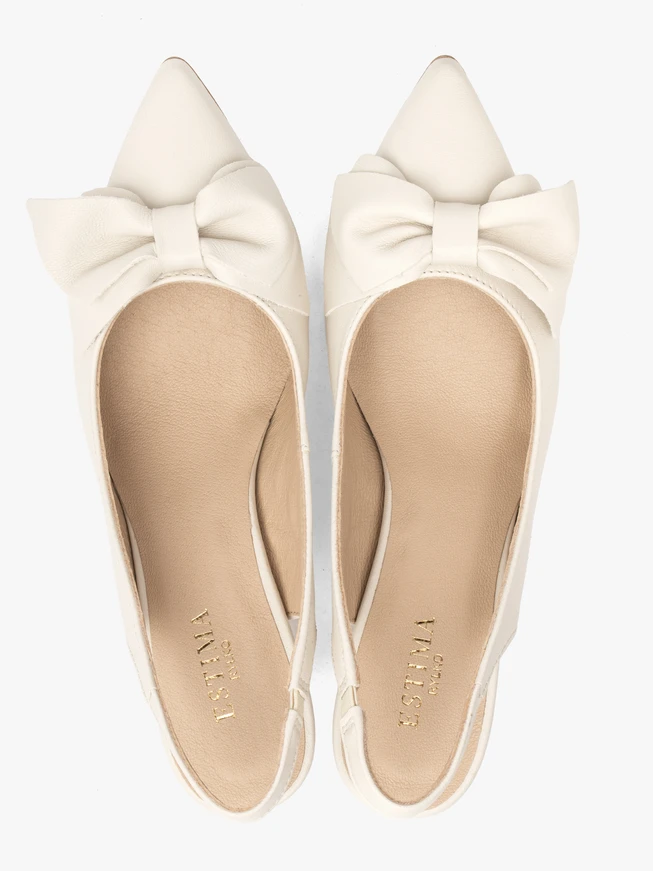 Cream women's heelless slingback pumps with bow