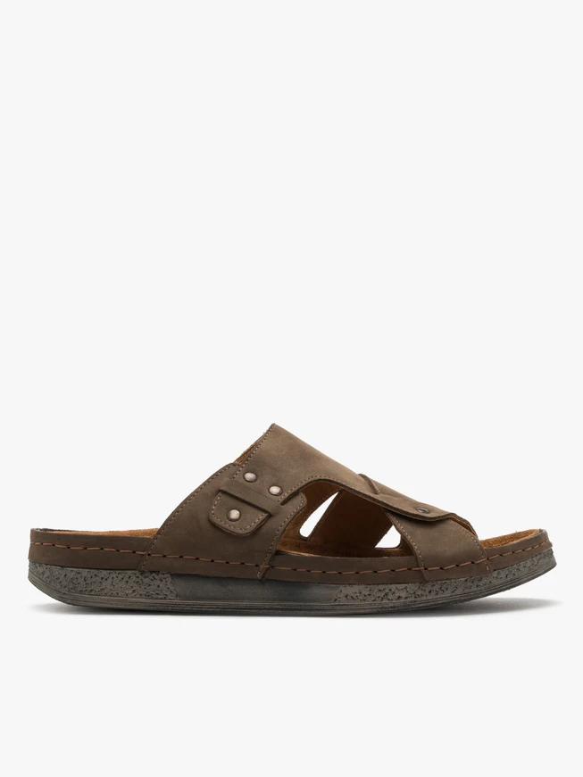 Brown men’s slides with decorative upper