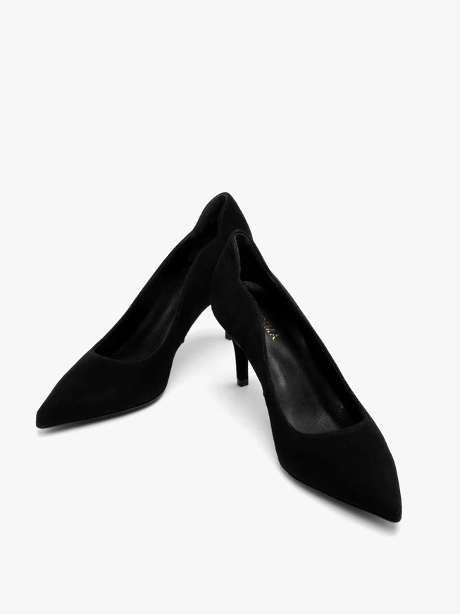 Schwarze Velours-Pumps mit verziertem Schaft