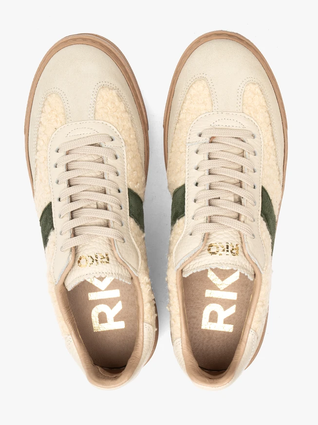 Cream-olive lace-up sports half shoes with fur trim