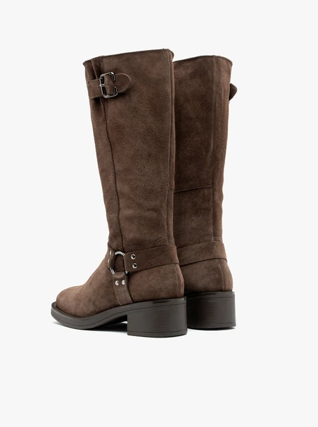 Brązowe kozaki biker boots ze skóry welurowej