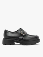 Black leather slip-ons with copper buckle