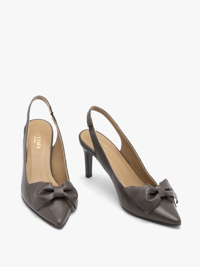 Szare czółenka slingback z kokardą