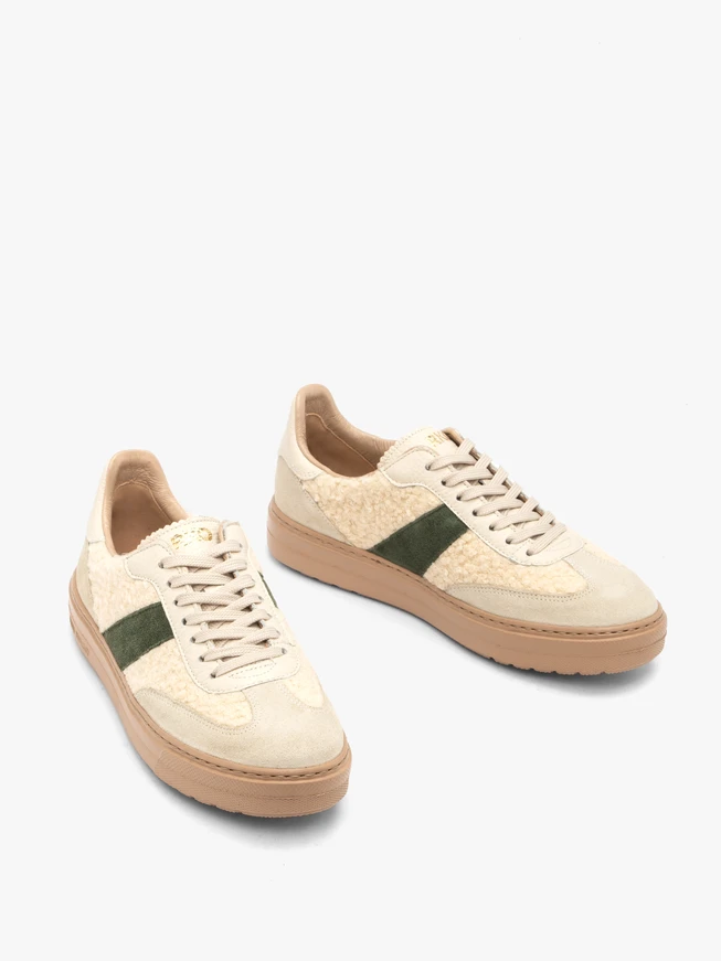 Cream-olive lace-up sports half shoes with fur trim