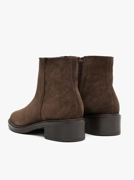 Dark brown suede ankle boots with heel