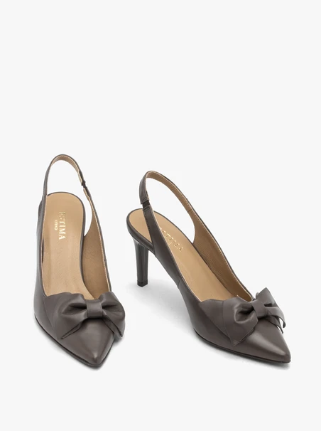 Szare czółenka slingback z kokardą