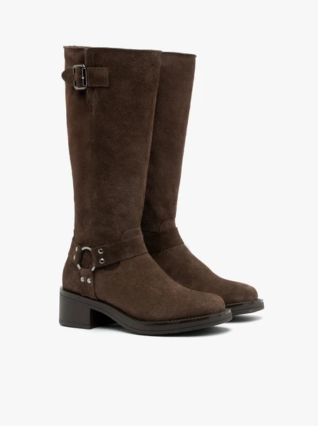 Brązowe kozaki biker boots ze skóry welurowej