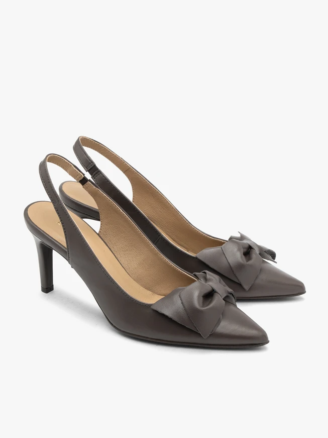 Szare czółenka slingback z kokardą