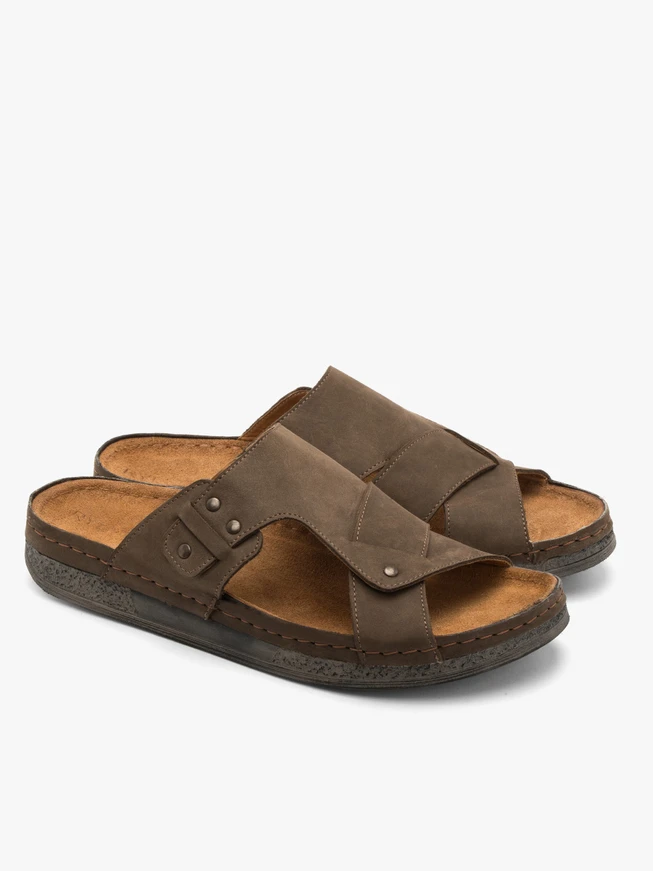 Brown men’s slides with decorative upper