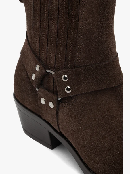 Brązowe sztyblety biker boots ze skóry welurowej