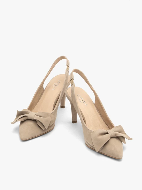 Beżowe czółenka slingback z kokardą