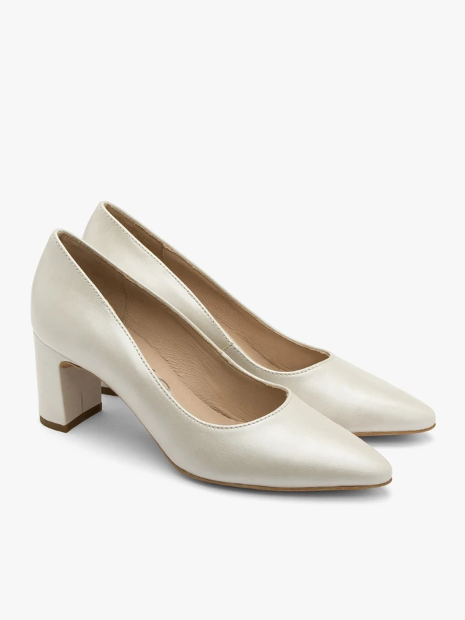 Pearl-tone block-heel pumps