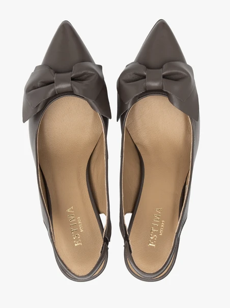 Szare czółenka slingback z kokardą