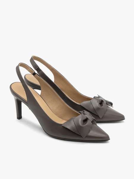 Szare czółenka slingback z kokardą
