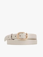 Beige women’s leather belt with a gold buckle