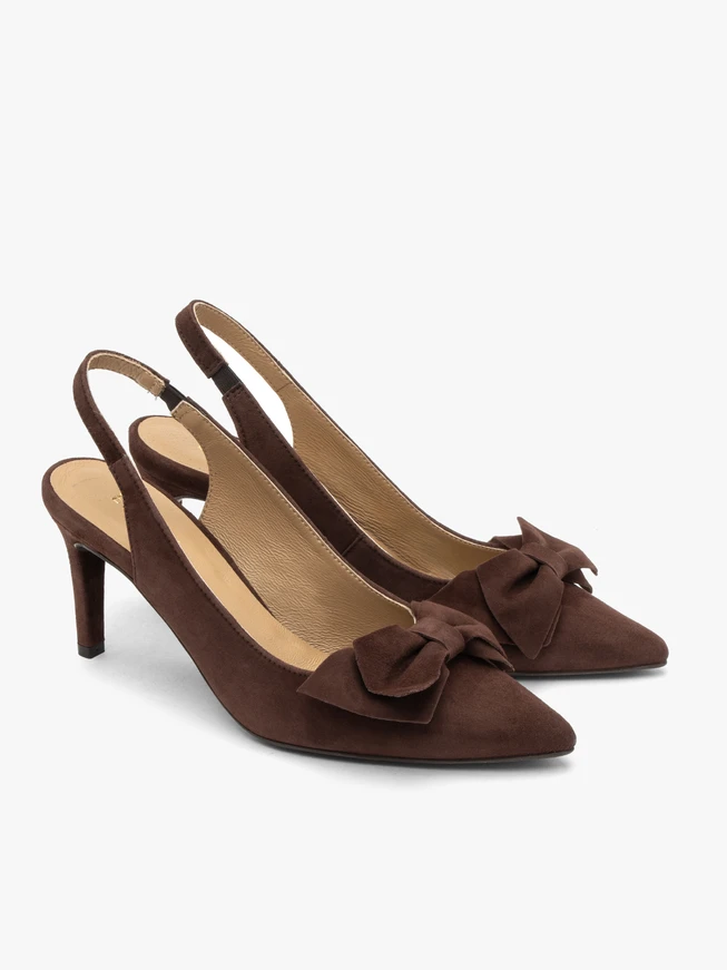 Welurowe czółenka typu slingback z kokardą