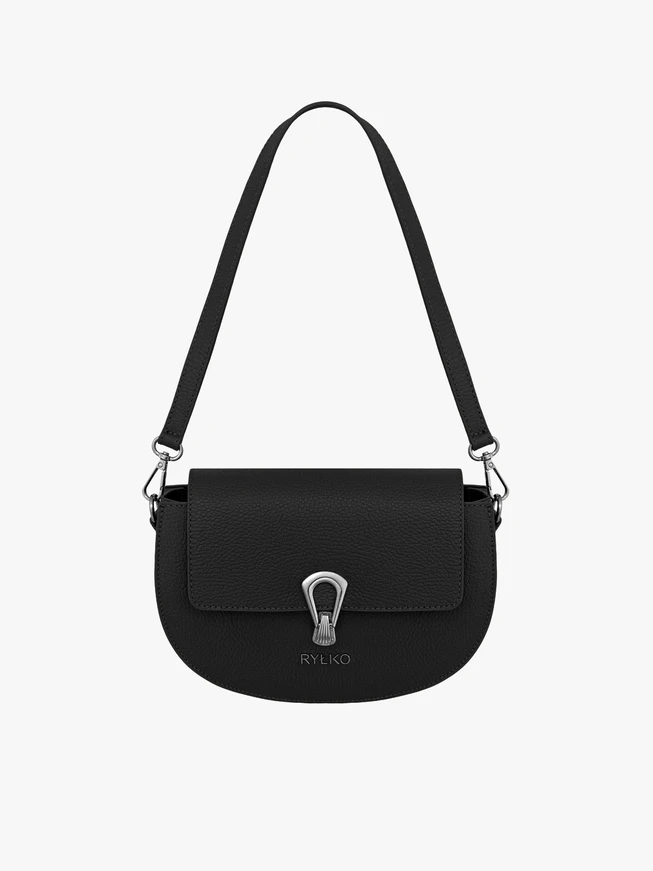 Handtasche aus schwarzem Vollnarbenleder mit dekorativer Schnalle