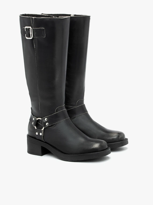 Schwarze Biker-Stiefel aus genarbtem Leder