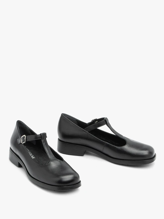 Schwarze T-Bar Vollnarbenleder Ballerinas