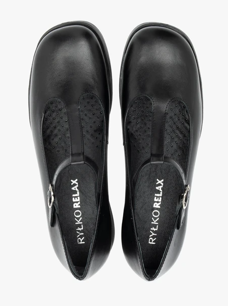 Schwarze T-Bar Vollnarbenleder Ballerinas
