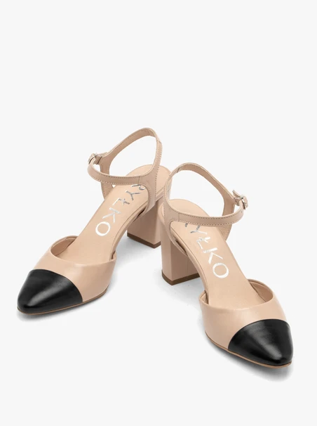 Beigefarbene und schwarze Damen-Pumps mit offenem Absatz
