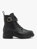 Schwarze Stiefel aus genarbtem Leder mit Riemen