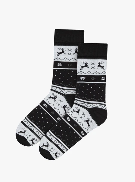 Black and white unisex Christmas socks with reindeer