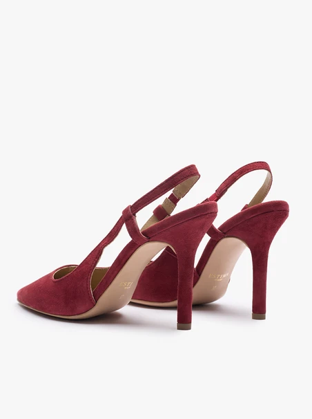 Bordowe czółenka slingback bez pięty ze skóry welurowej