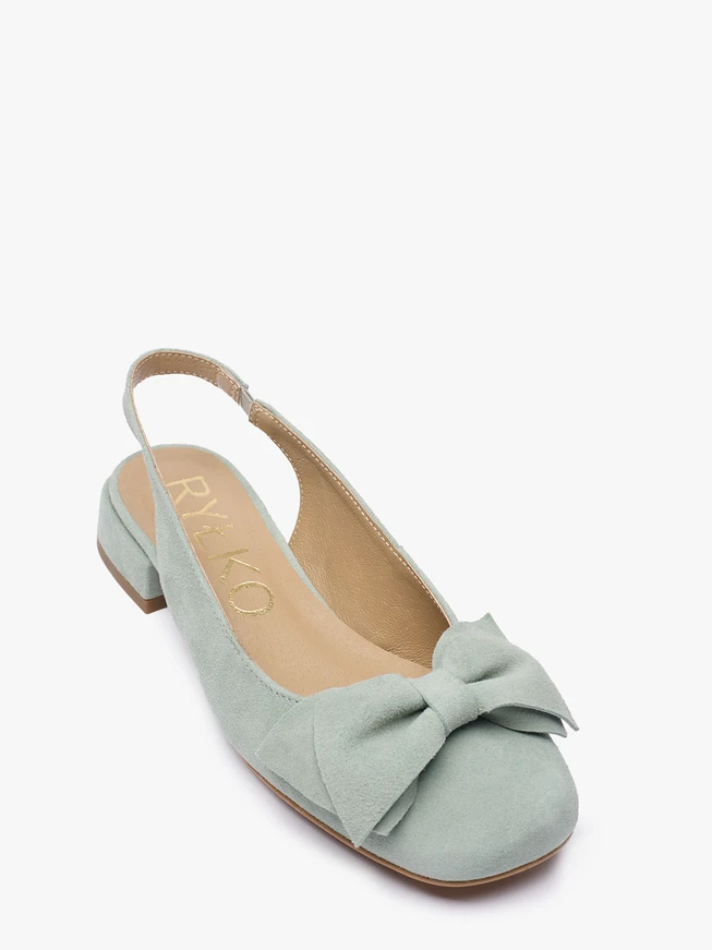 Seegrüne Slingback-Pumps ohne Absatz mit Schleife