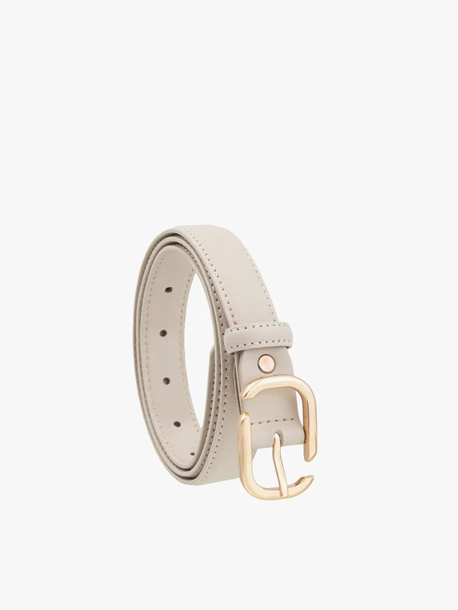 Beige women’s leather belt with a gold buckle