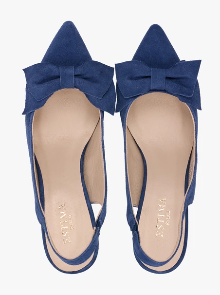 Marineblaue Slingback-Pumps ohne Absatz mit Schleifenverzierung