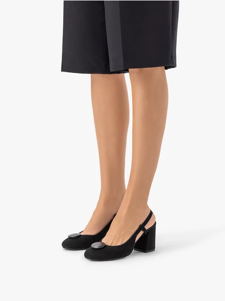 Schwarze Velours-Slingback-Pumps ohne Absatz mit Verzierung