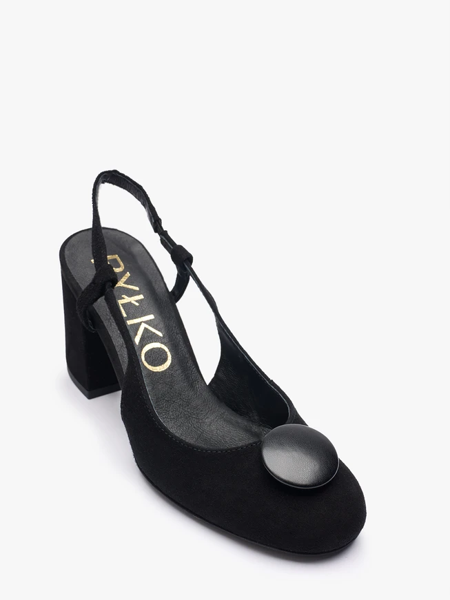 Schwarze Velours-Slingback-Pumps ohne Absatz mit Verzierung
