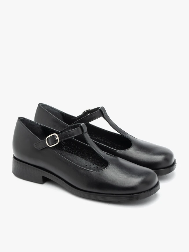 Schwarze T-Bar Vollnarbenleder Ballerinas