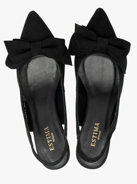 Welurowe czółenka typu slingback z kokardą